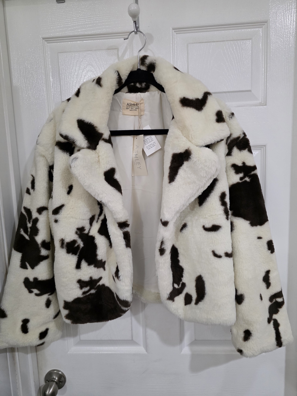 Ashley By 26 International Black and White Faux Fur Cow Print Jacket
